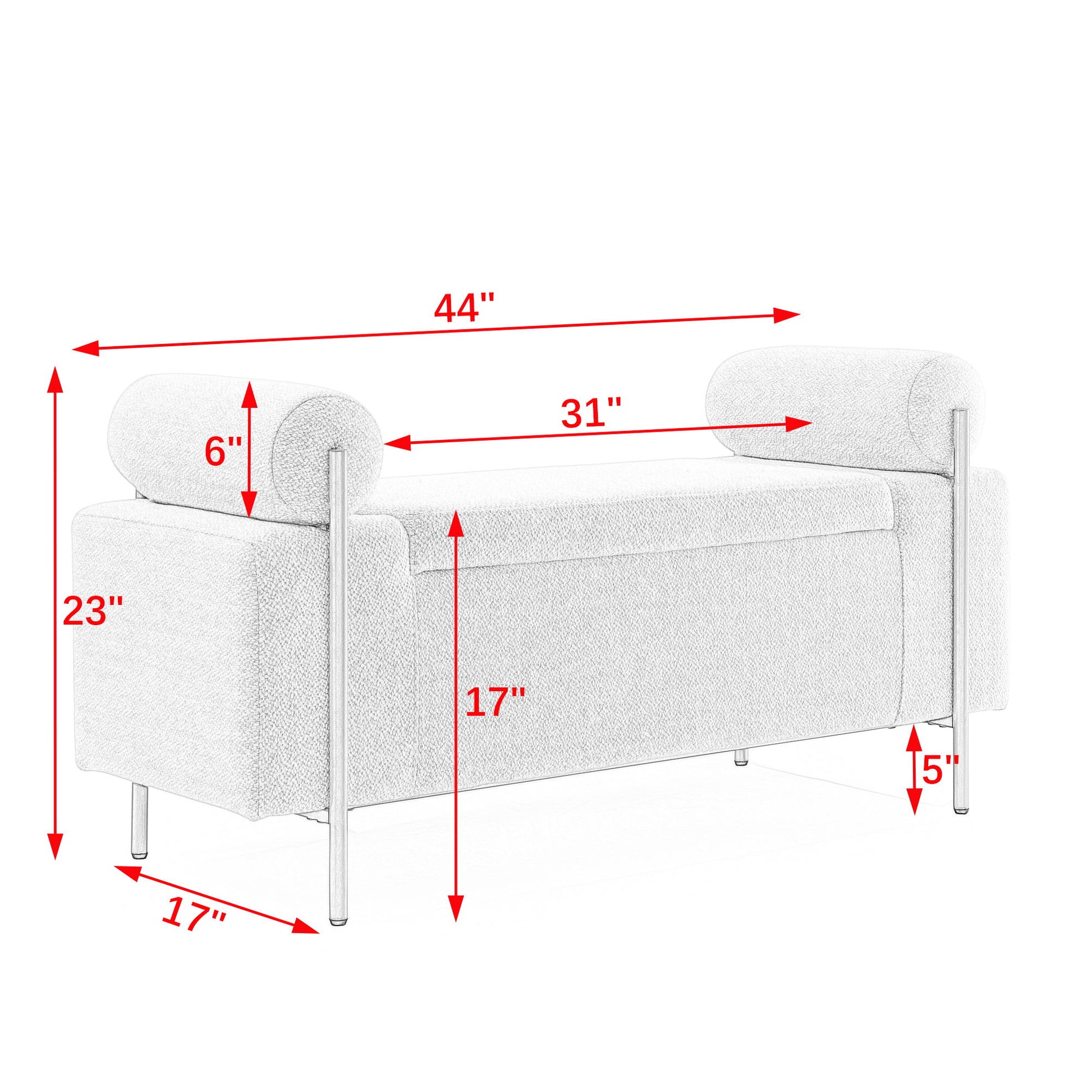 Elegant Upholstered Linen Storage Bench With Cylindrical Arms And Iron Legs, White Home Essentials