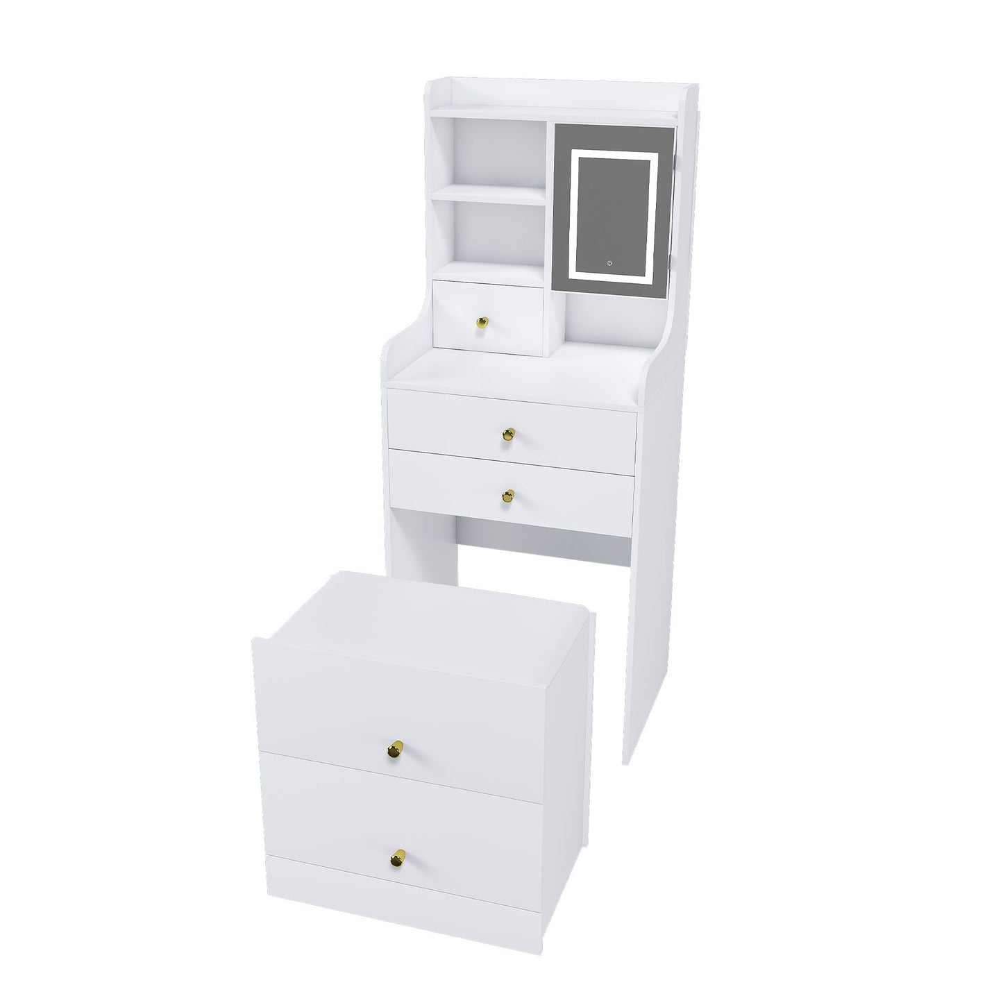 3 In 1 Dressing Table With LED Mirror & Storage Stool, Compact Makeup Vanity - White Home Essentials