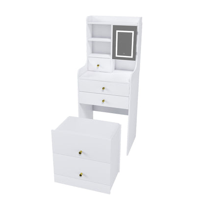 3 In 1 Dressing Table With LED Mirror & Storage Stool, Compact Makeup Vanity - White Home Essentials