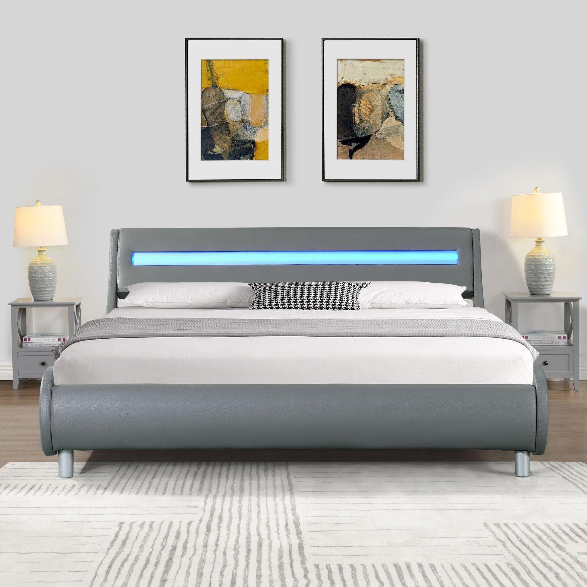 Queen Size Upholstered Platform Bed Frame With LED Lighting, Curve Design, Wood Slat Support, No Box Spring Needed - Gray Home Essentials