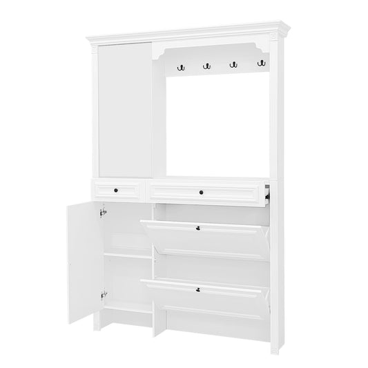 Hall Tree With Integrated Shoe Cabinet And Mirrored Cabinet Door, Coat Hanger, Entryway Bench, 4 In 1 Design, 2 Flip Drawers, 4 Hooks And 2 Cabinets For Entrance, Living Room - White Hearth and Haven