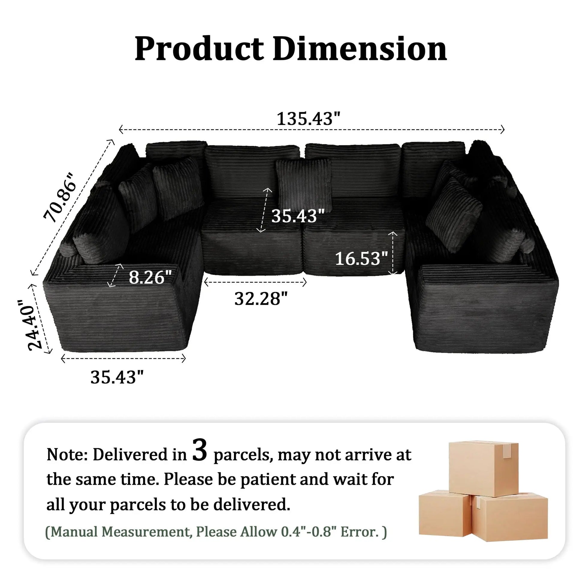 Modular U-Shaped Sectional Sofa, 6 Seater Chaise Lounge With Reversible Design - Black Home Essentials