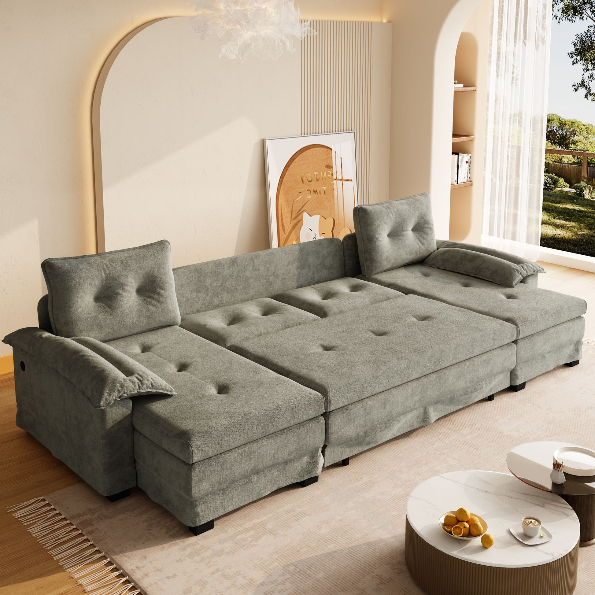 U-Shaped Sleeper Sofa With Pull Out Bed, Removable Armrests & USB Ports For Living Room Home Essentials