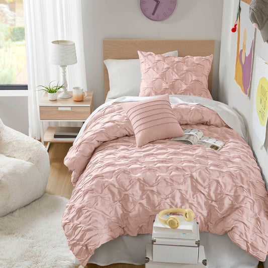 Bailey - Twin/Twin Long Diamond Pucker Comforter Set - Pink Super Listing