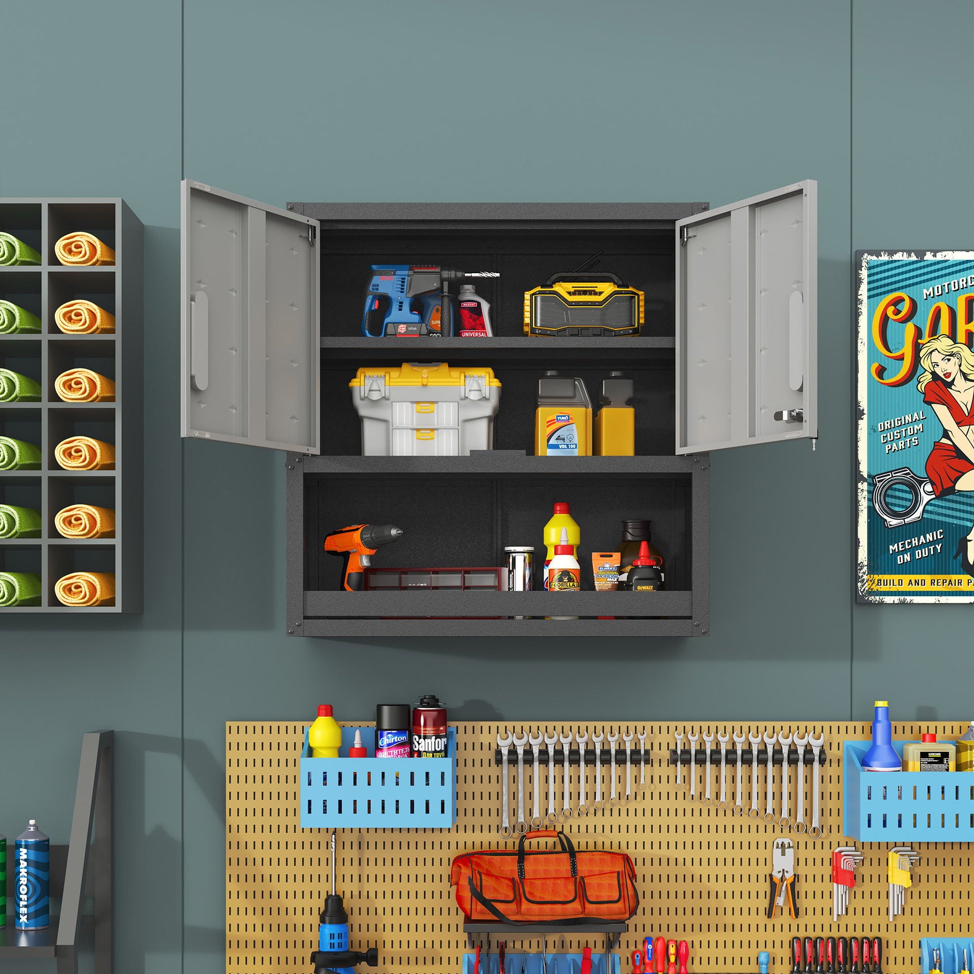 Metal Wall Mounted Tool Storage Cabinet With Locking Door, 1 Shelf & 1 Drawer Daily Nest