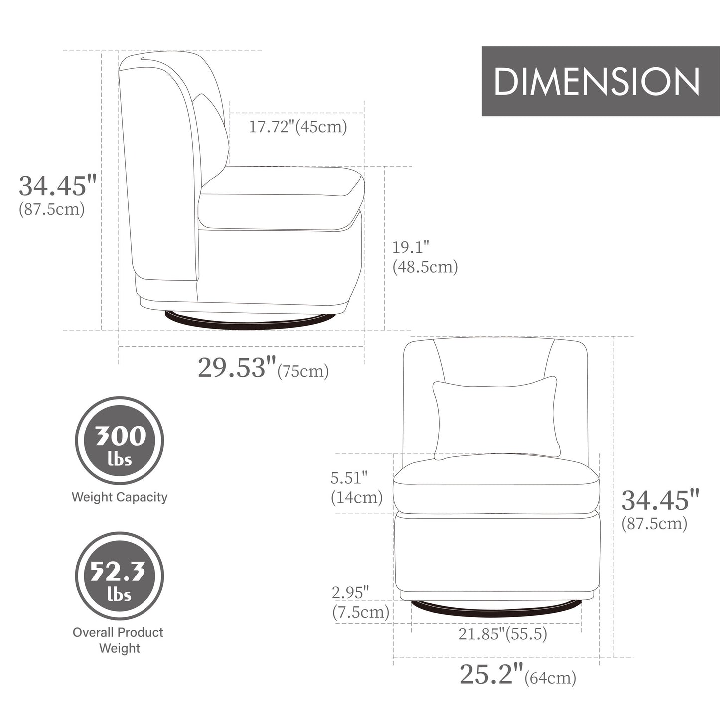 Wide Modern Chenille Cushioned Armless Metal Base 360° Swivel Chair With Pillow Home Essentials