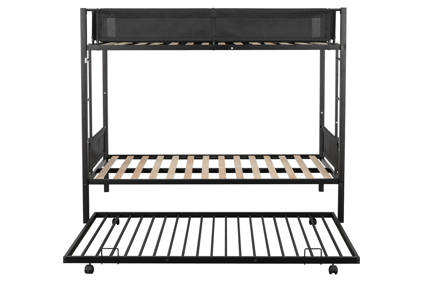 Metal Twin Over Twin Bunk Bed With Trundle/ Sturdy Metal Frame/ Noise Free Wood Slats/ Comfortable Textilene Guardrail/ 2 Side Ladders/ Space Saving Trundle/ Bunk Bed For Three/ No Box Spring Needed - Black