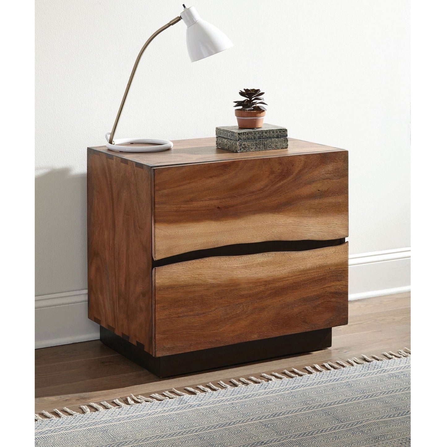 Wooden 2 Drawer Nightstand With Smokey And Asymmetrical Design - Walnut Home Essentials