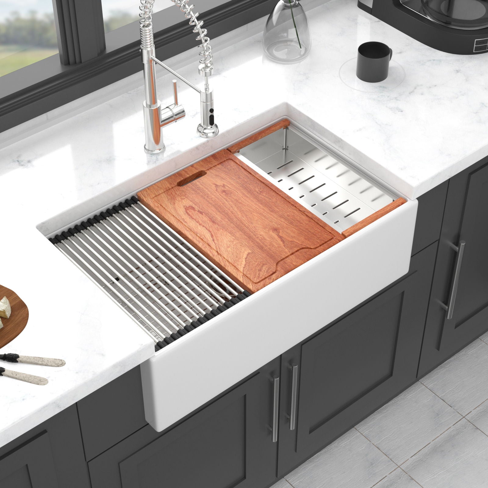 Farmhouse Sink Workstation, Ceramic Single Bowl With Accessories Daily Nest