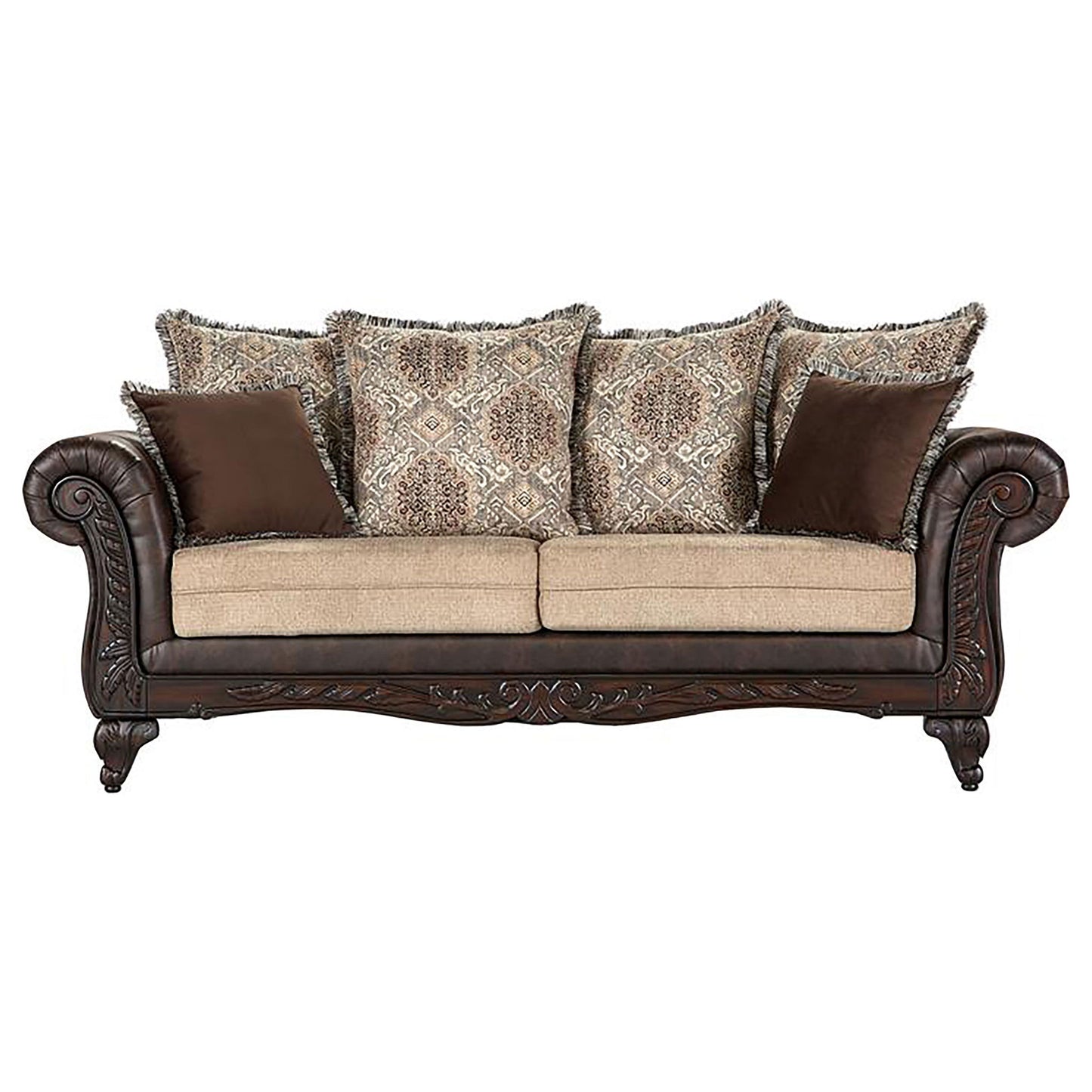 Brookridge - Rolled Arm Sofa With Ornate Details And Mixed Upholstery - Brown Furniture Max