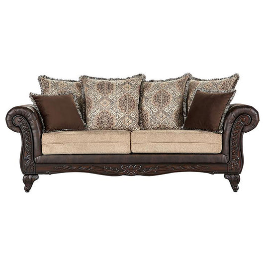 Brookridge - Rolled Arm Sofa With Ornate Details And Mixed Upholstery - Brown Furniture Max