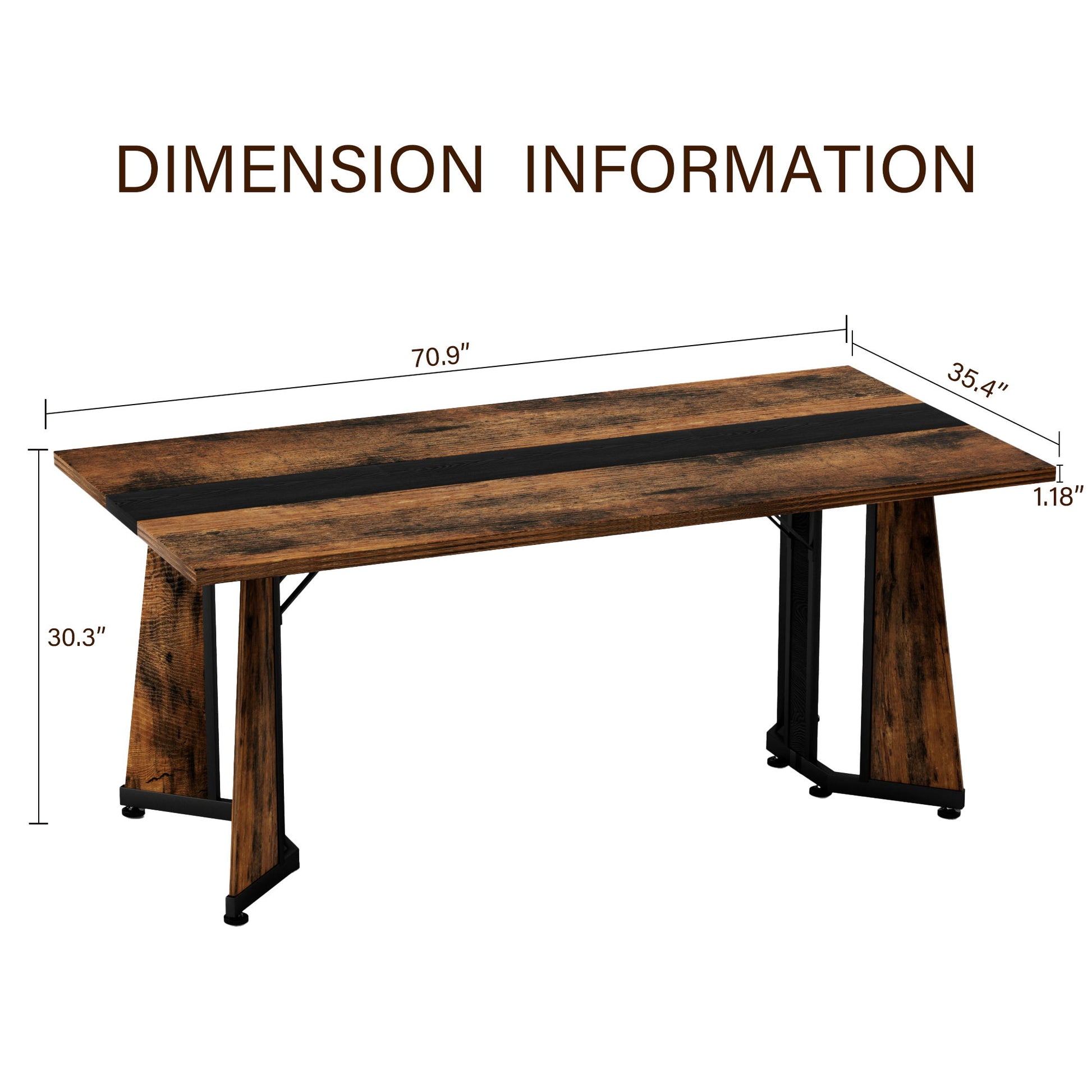 Rustic Rectangular Large Dining Table, Waterproof Desk For 8 People, & Steel With Adjustable Legs - Black / Rustic Brown Home Essentials