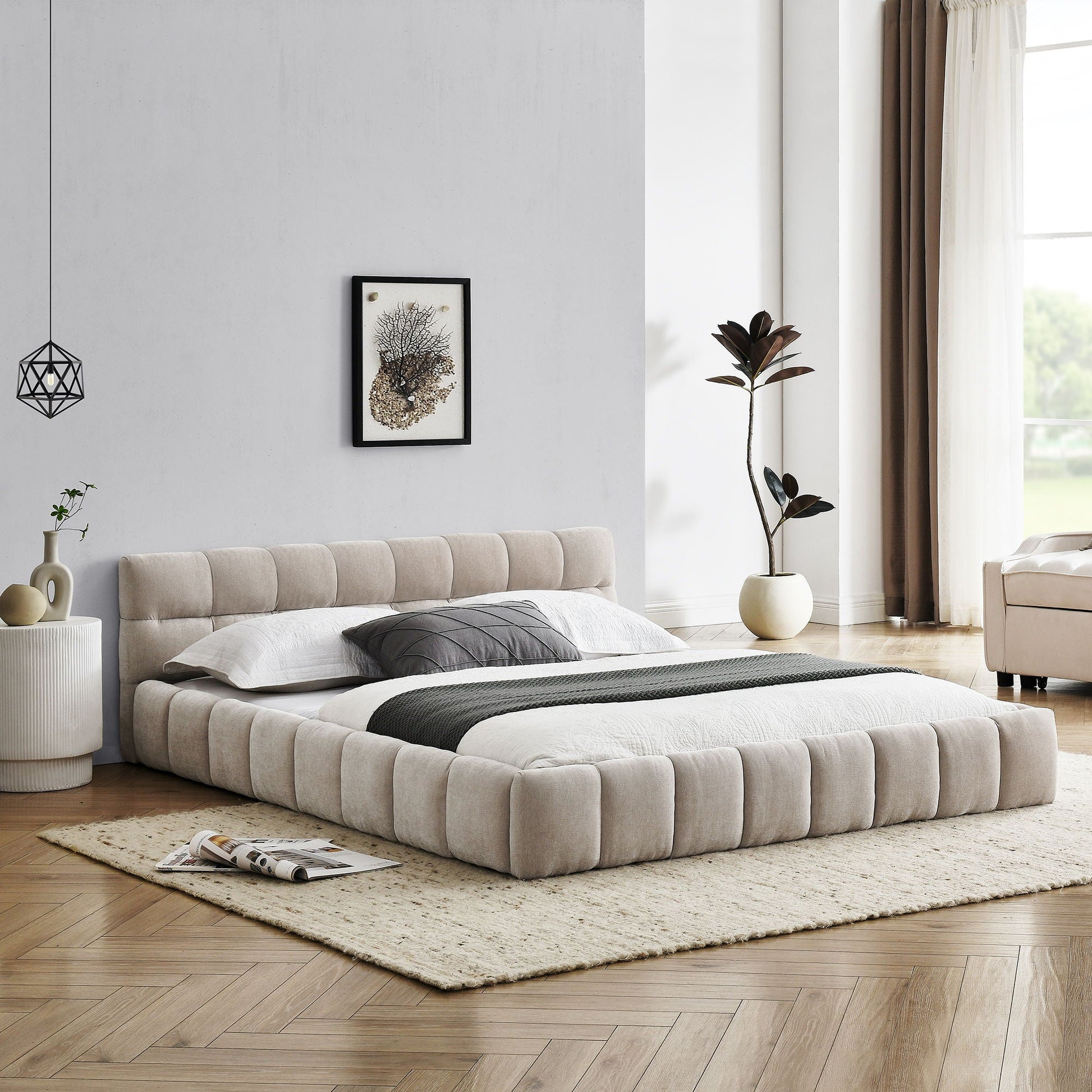 Modern Platform Bed Frame With Thick Chenille Fabric Home Essentials