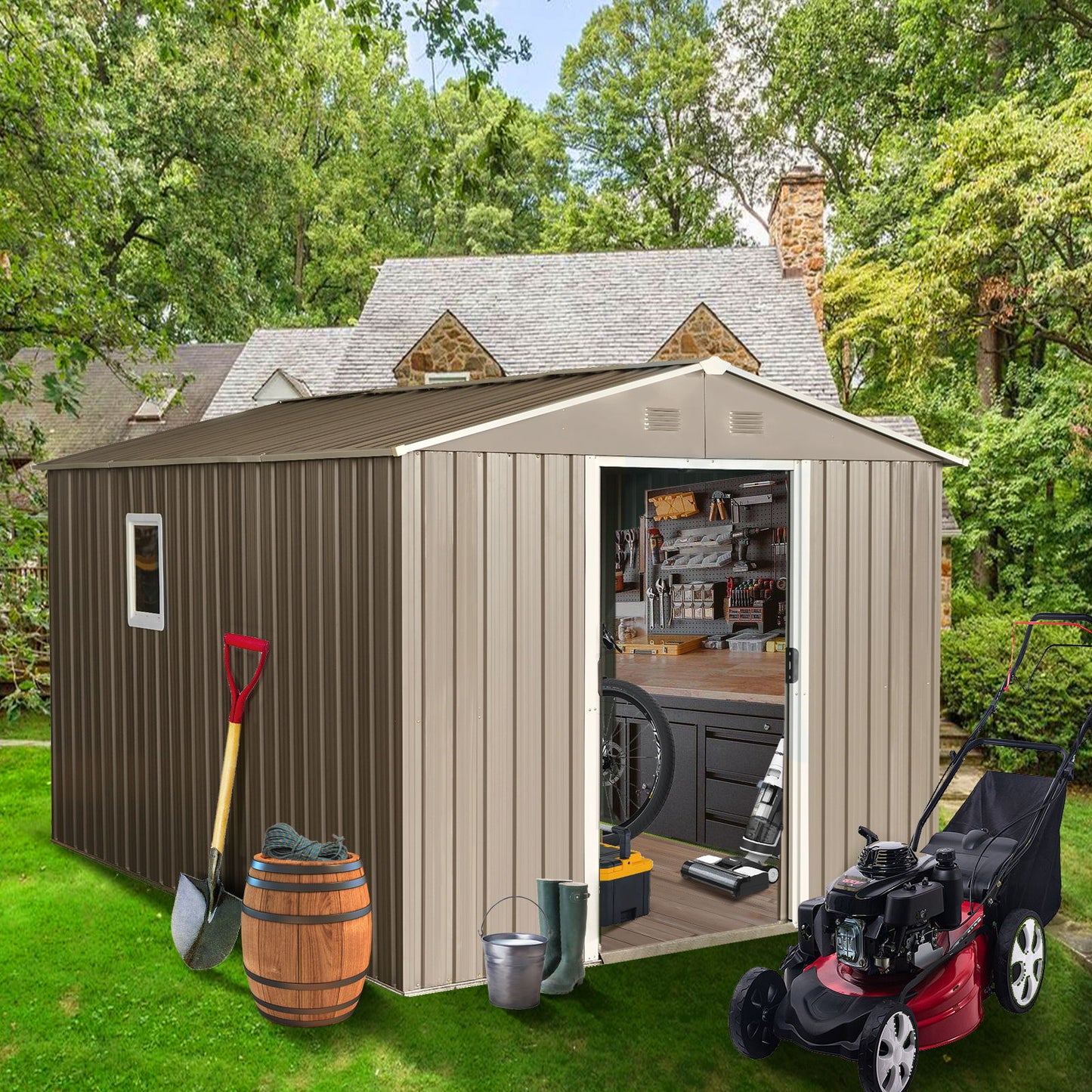 8Ft x 10Ft Outdoor Metal Storage Shed With Metal Floor Base, With Window - Gray