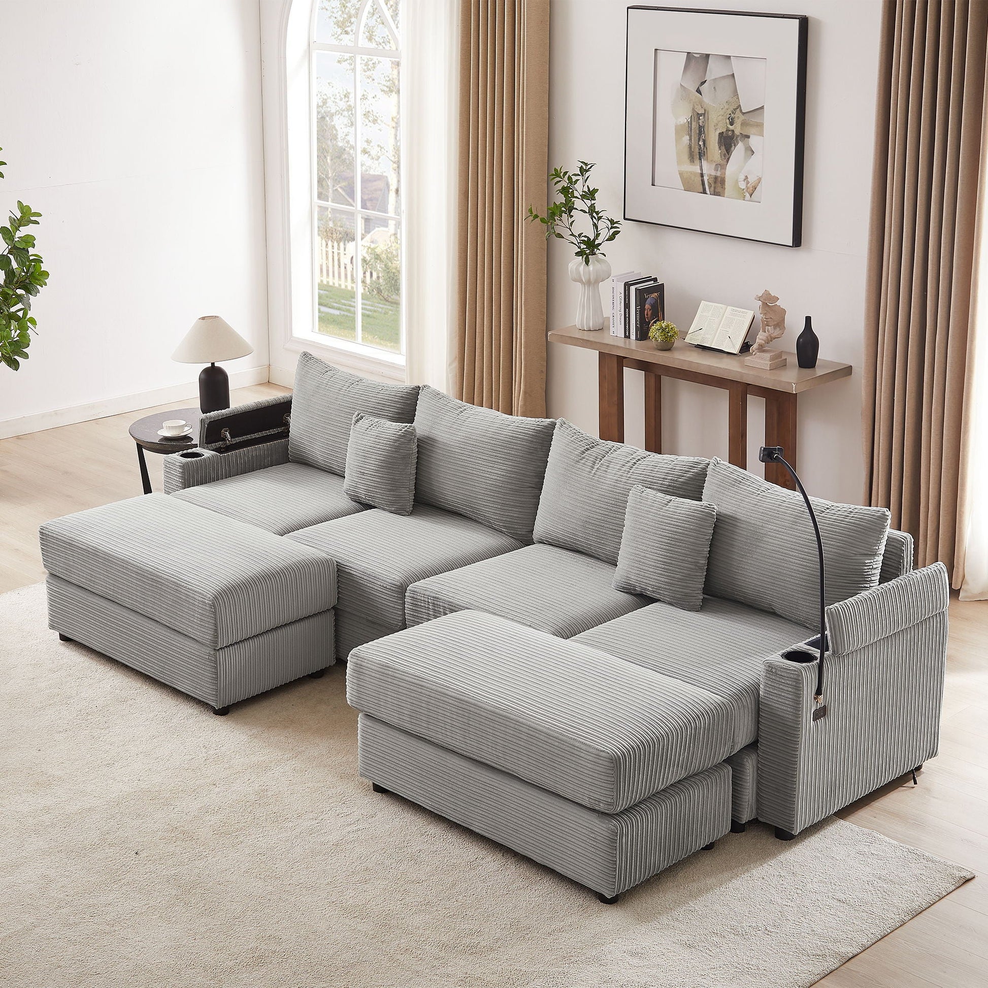 Modern Style Loveseat Sofa Sectional Sofa Couch With Storage Space, A Movable Ottoman, Two USB Ports, Two Cup Holders, A Phone Holder For Living Room Hearth and Haven