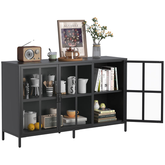 Modern Heavy Duty Metal Sideboard Buffet Cabinet With Storage, Adjustable Feet, Glass Doors, Steel - Black Home Essentials