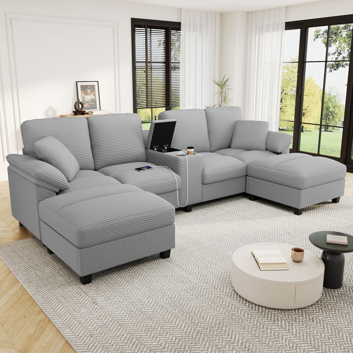 Modern U - Shaped Sectional Sofa With Storage Ottomans, USB Ports, And Cup Holders Hearth and Haven