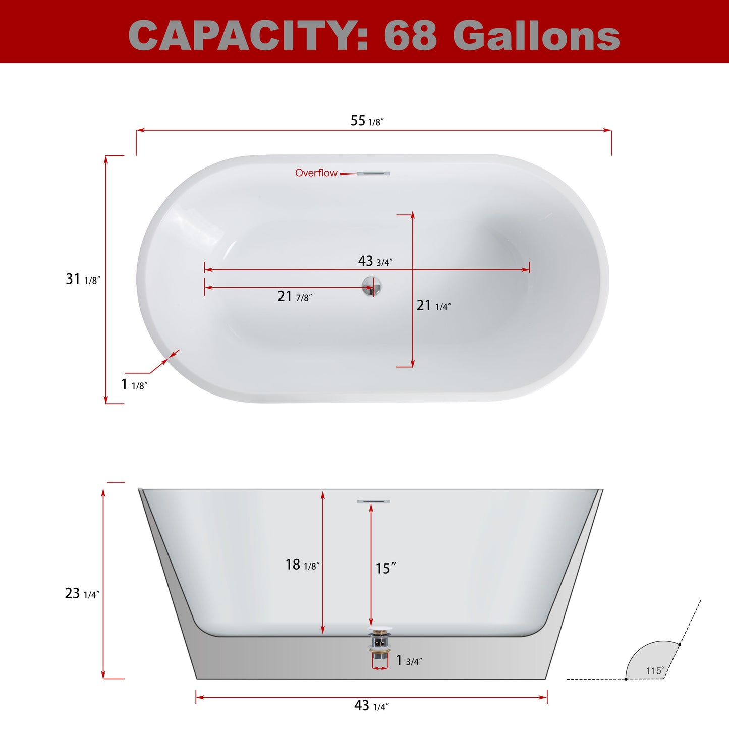 55.12" x 31.1" Acrylic Freestanding Bathtub, Contemporary Soaking Tub With Chrome Overflow And Drain I Cupc Certified For Quality Assurance, 22A02-55 - Glossy White