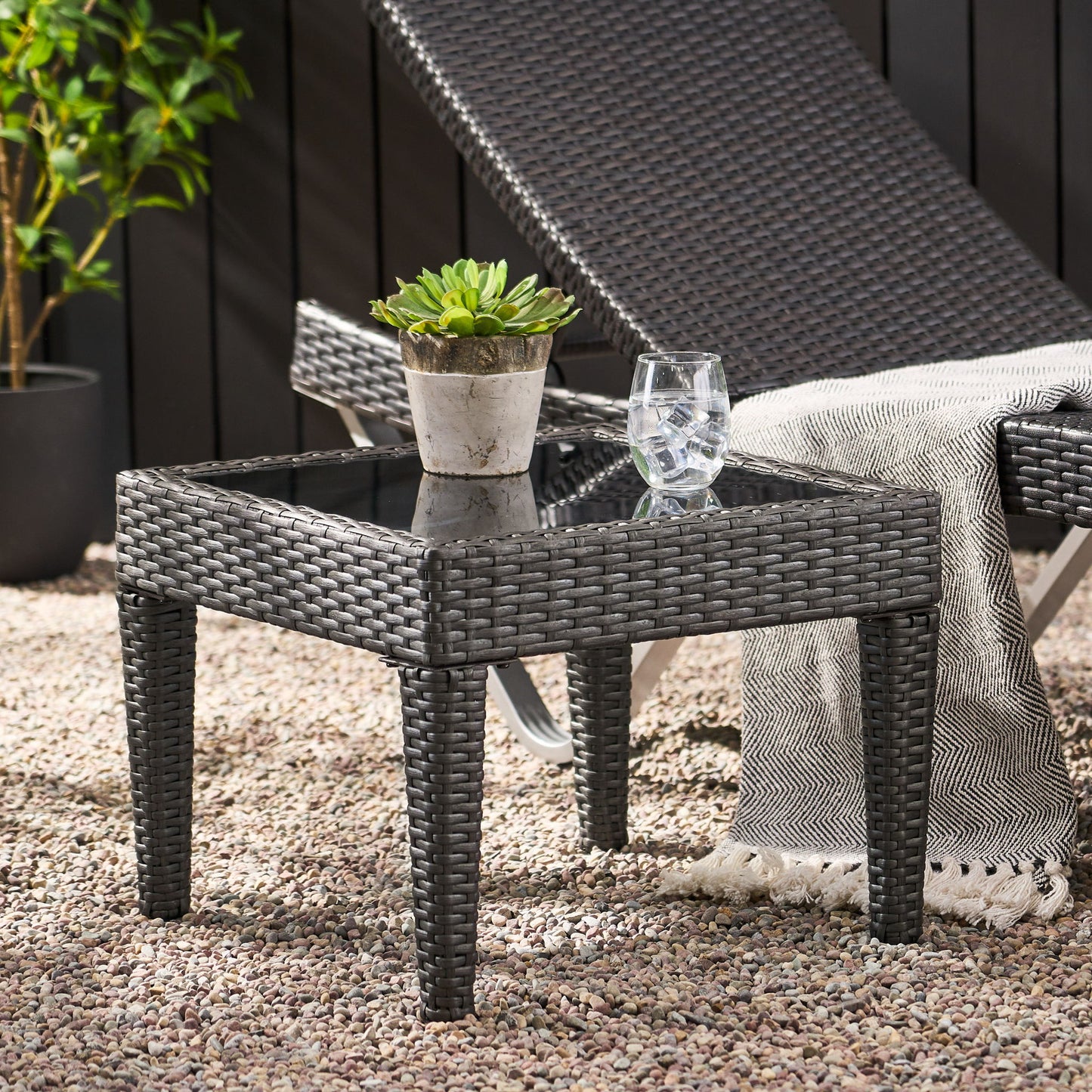 Outdoor Antibes Wicker Side Table, Accent Table - Gray Noble House