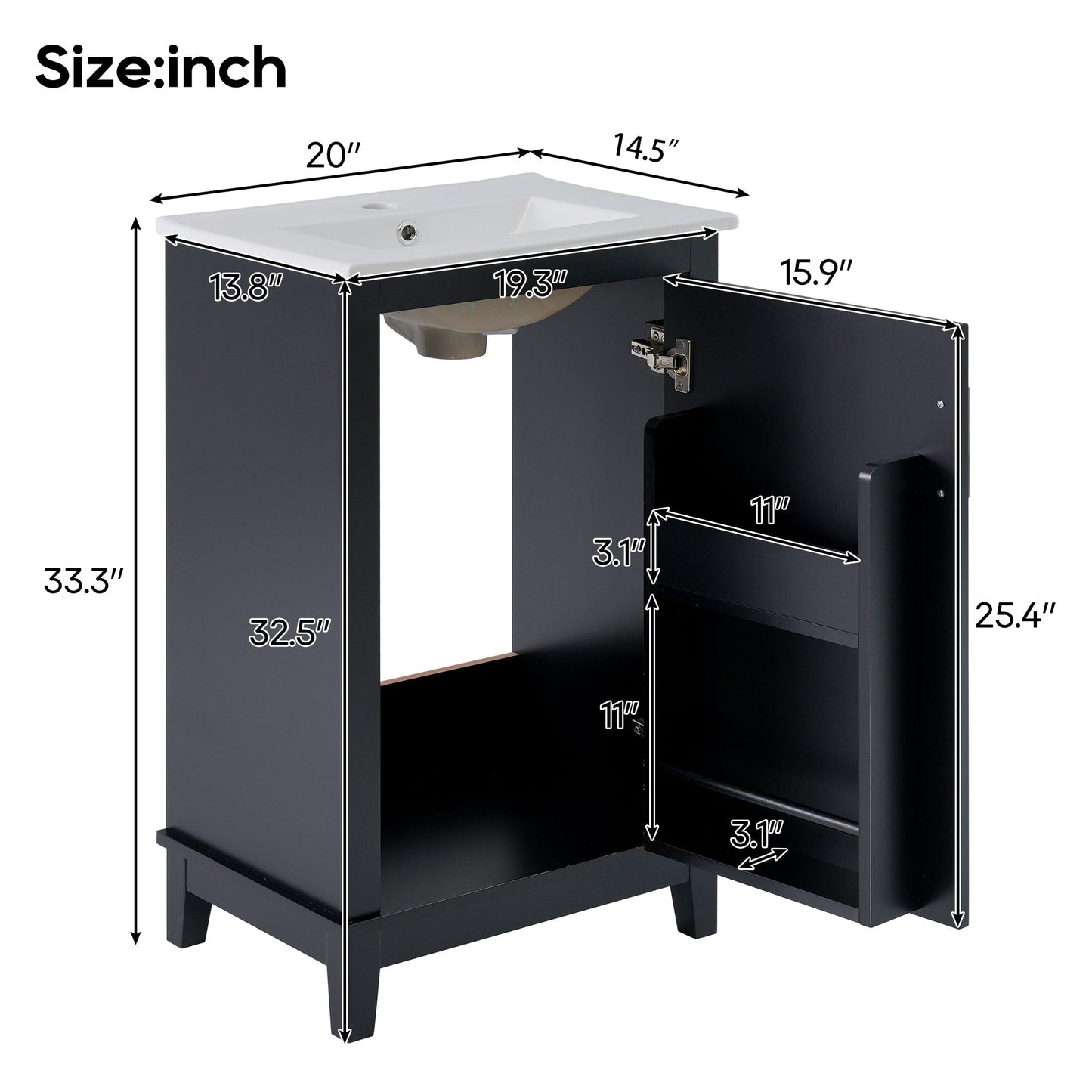 Modern Small Bathroom Vanity Cabinet With Ceramic Basin, Ample Storage, 1 Soft Close Door Hearth and Haven