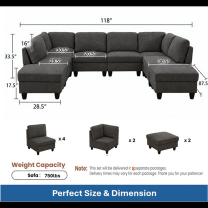 8 Piece Modular U - Shape Sectional Sofa Home Essentials