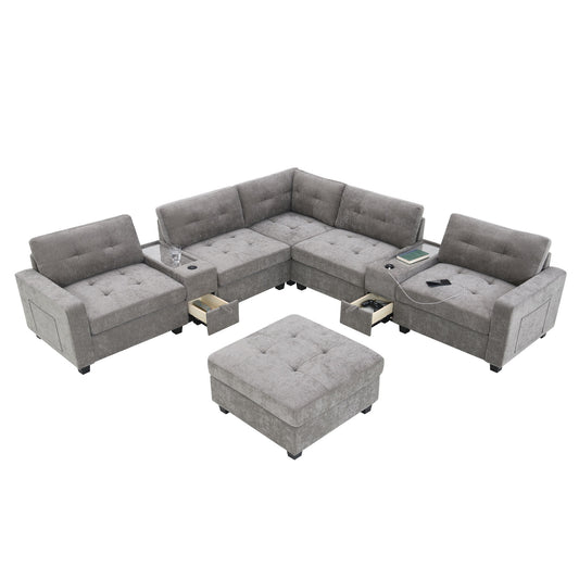 Sectional With Acrylic Table Top U Shaped Couch Set With 2 Consoles USB Charger, Storage Drawers And Pockets Movable Ottoman Tufted Sofa Luxe & Co.
