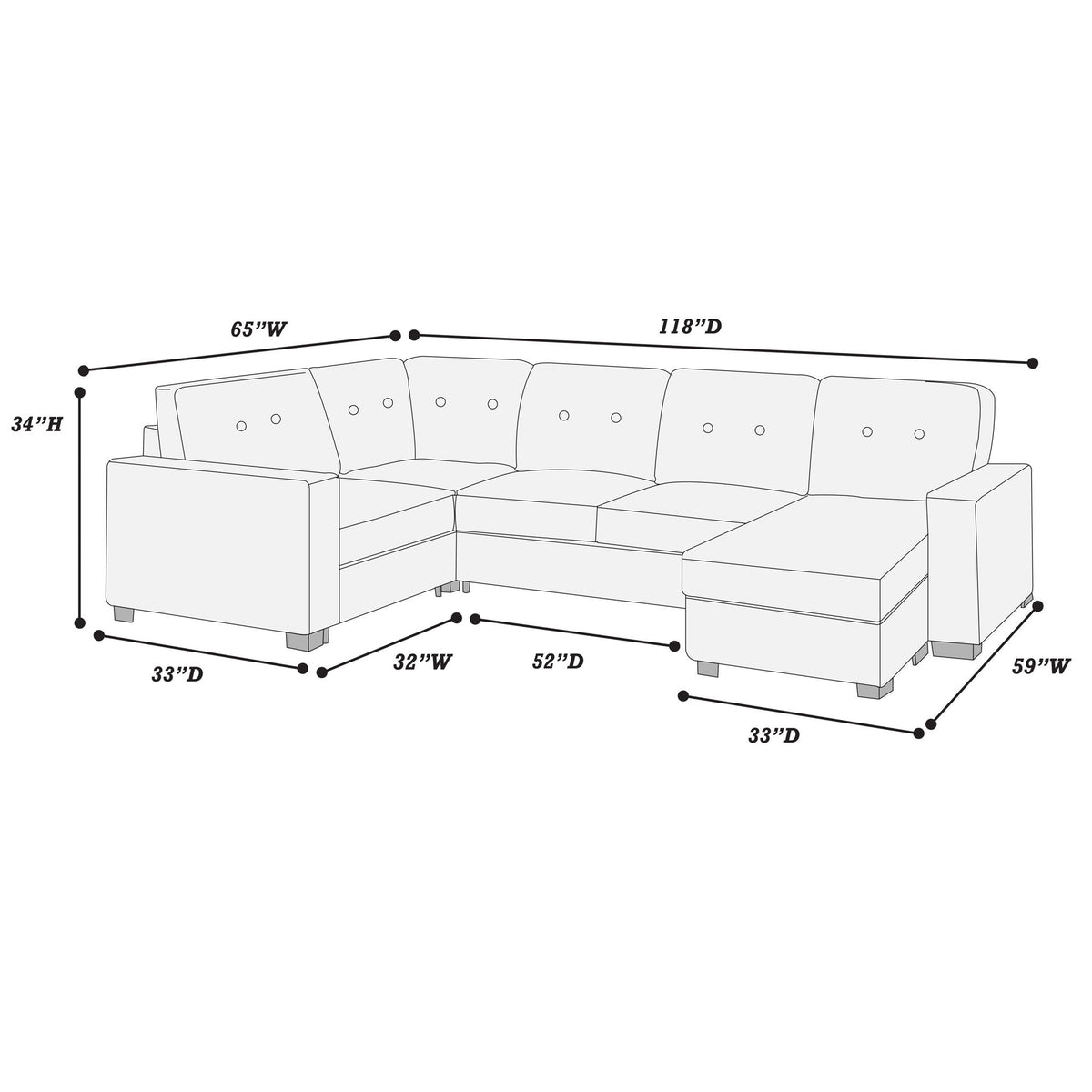 U - Sectional Sofa Upholstered LAF / RAF Chaise With Armless Loveseat And Chairs - Light Brown Home Essentials
