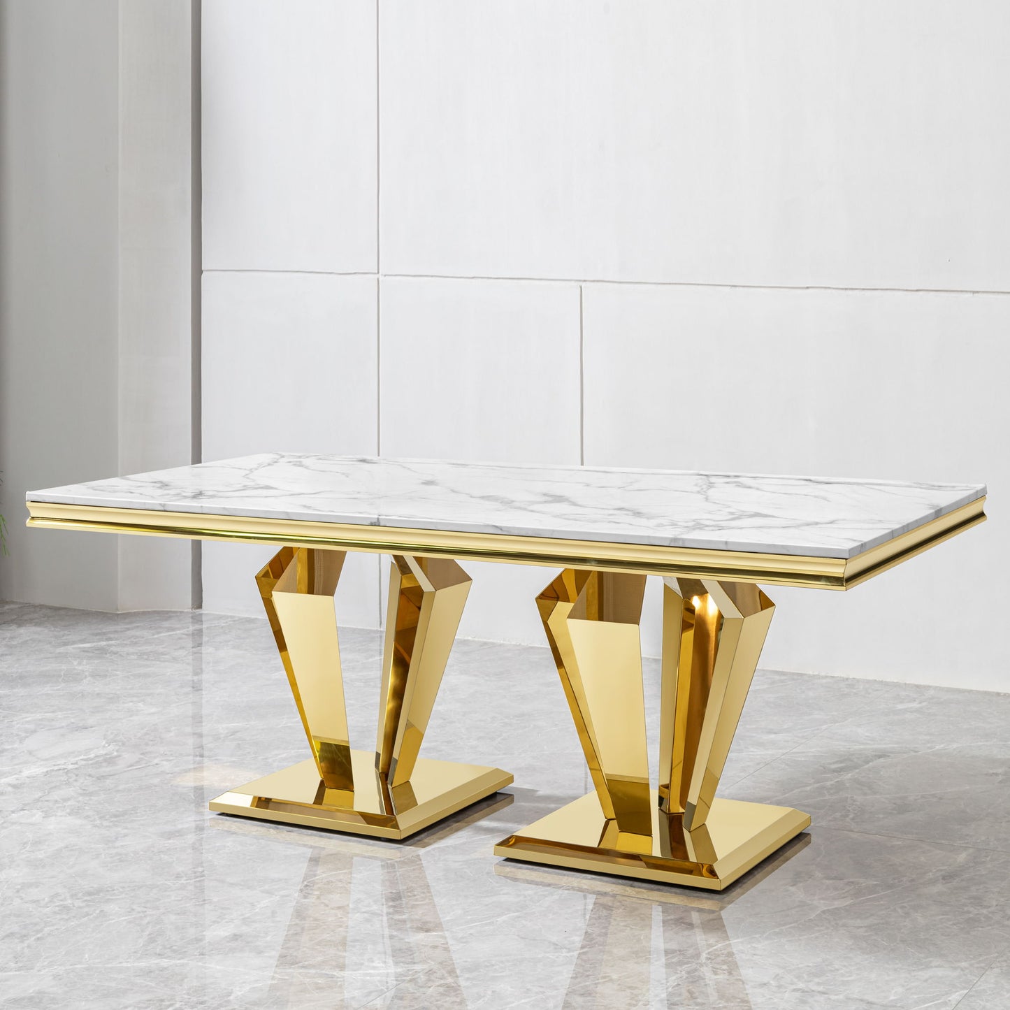 79.53 In. Elegant Marble Pattern Dining Table For 6 Or 8 Seats Polished Stainless Steel Base - Gold Home Essentials
