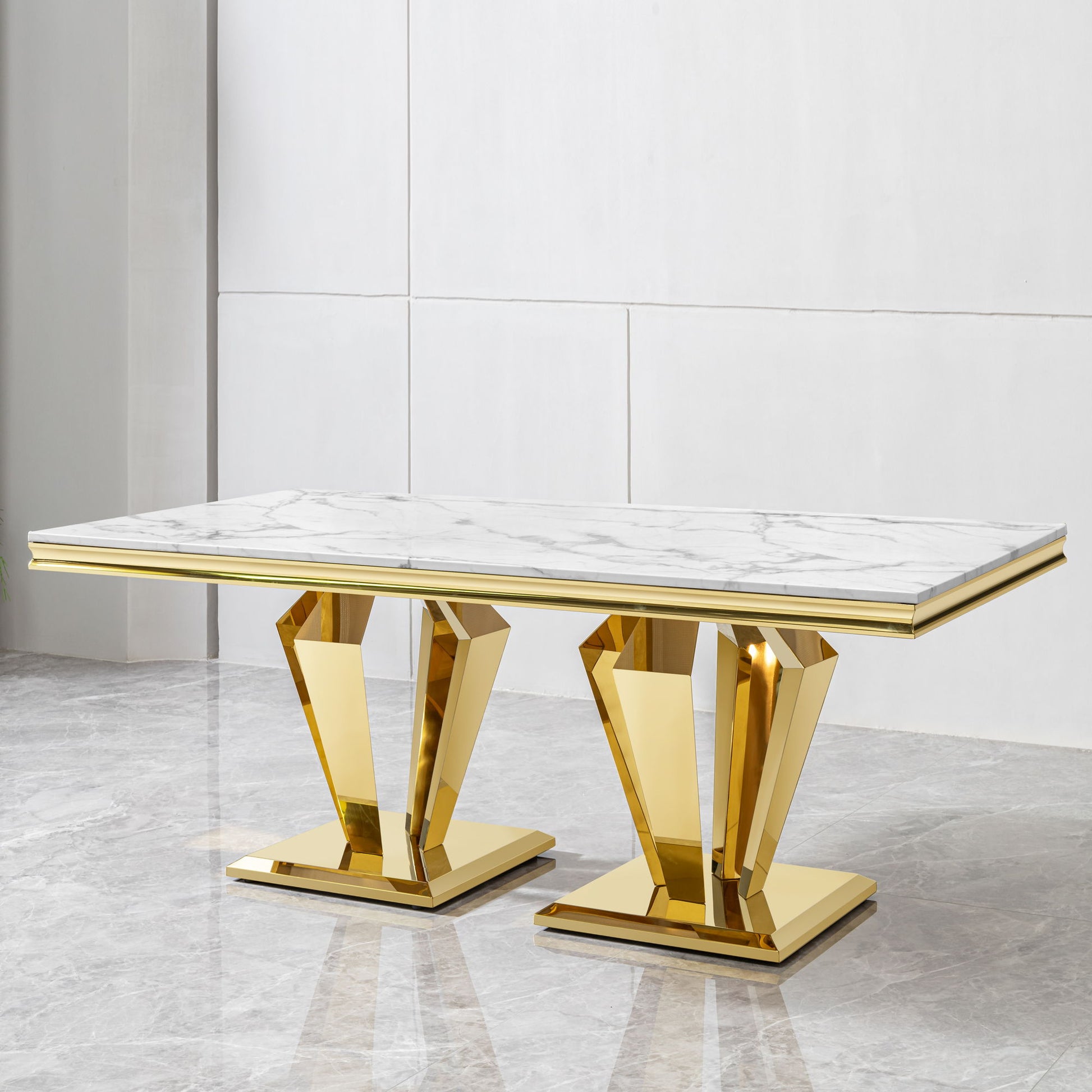 79.53 In. Elegant Marble Pattern Dining Table For 6 Or 8 Seats Polished Stainless Steel Base - Gold Home Essentials