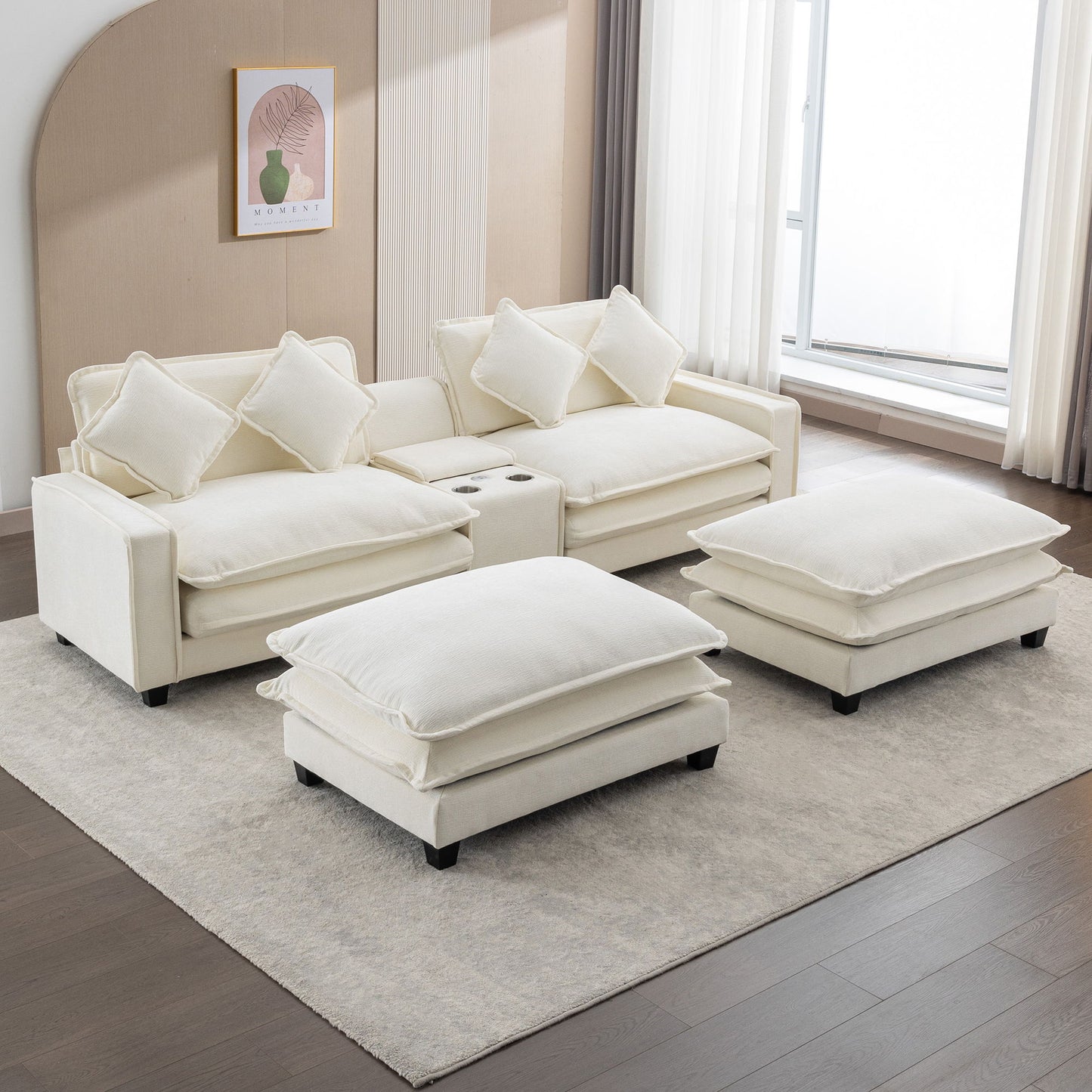 Sectional Sofa Chenille Upholstered Sofa With Two Removable Ottoman, Two USB Ports, Two Cup Holders And Large Storage Box For Living Room Hearth and Haven