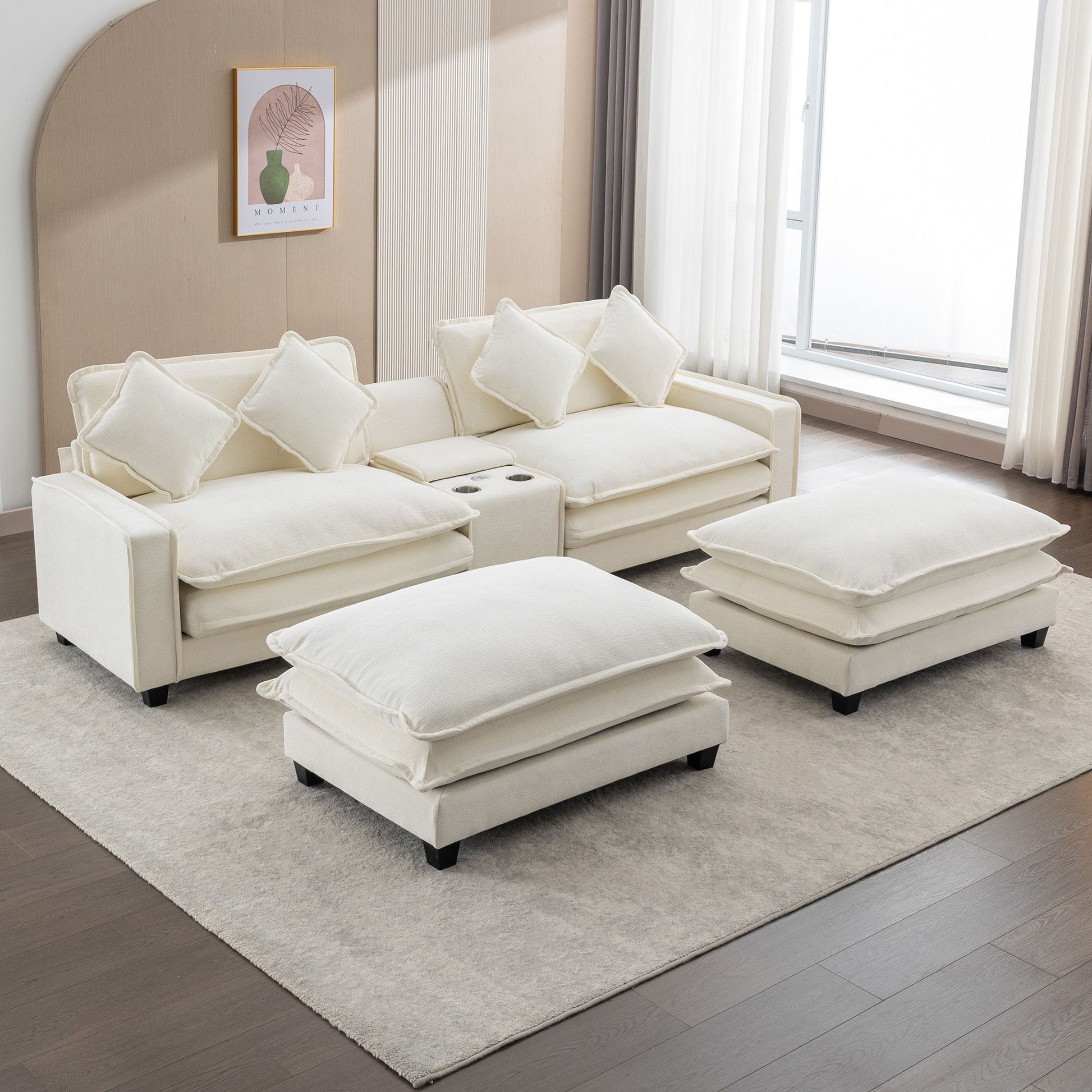 Sectional Sofa Chenille Upholstered Sofa With Two Removable Ottoman, Two USB Ports, Two Cup Holders And Large Storage Box For Living Room Hearth and Haven
