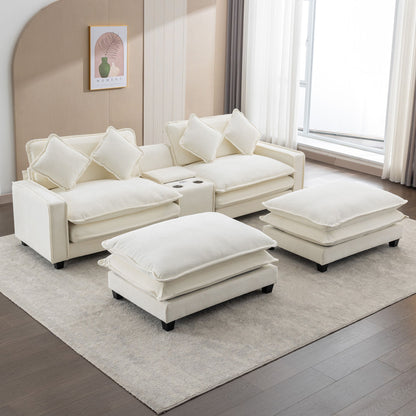 Sectional Sofa Chenille Upholstered Sofa With Two Removable Ottoman, Two USB Ports, Two Cup Holders And Large Storage Box For Living Room Hearth and Haven