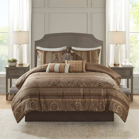 Bellagio - Queen 7 Piece Comforter Set - Brown / Gold