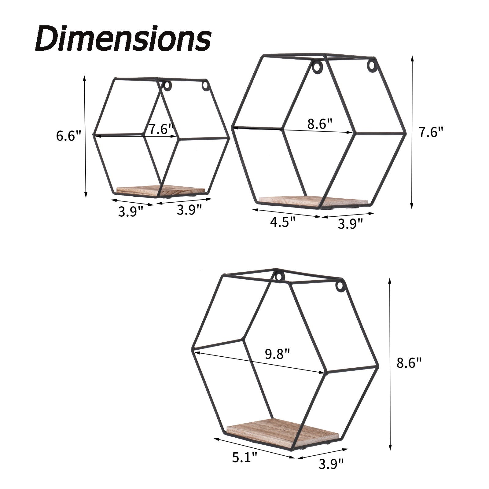 Wall Mounted Hexagonal Floating Shelves - Black (Set of 3) In Different Sizes, Modern Metal Wall Shelf, Simple Wood Partition Storage Shelves, Wall Decor Rack - Natural Wood Daily Nest