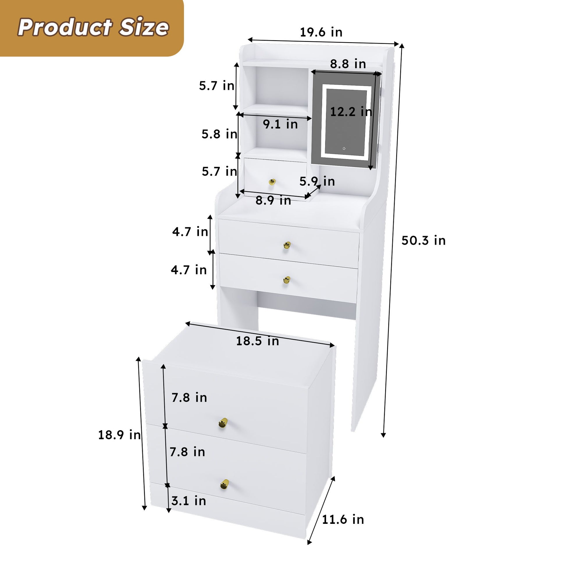 3 In 1 Dressing Table With LED Mirror & Storage Stool, Compact Makeup Vanity - White Home Essentials