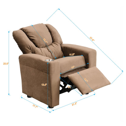 Kids Recliner Chair, Kids Upholstered Couch With One Cup Holder, Toddlers Recliner With Headrest And Footrest - Brown Home Essentials
