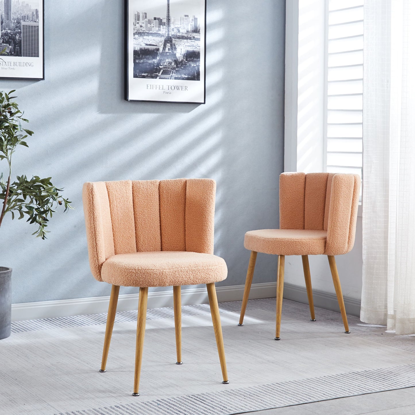 Modern Dining Chair (Set of 2) With Iron Tube Wood Color Legs, Shorthair Cushions And Comfortable Backrest, Suitable For Dining Room, Living Room, Cafe, Simple Structure Home Essentials