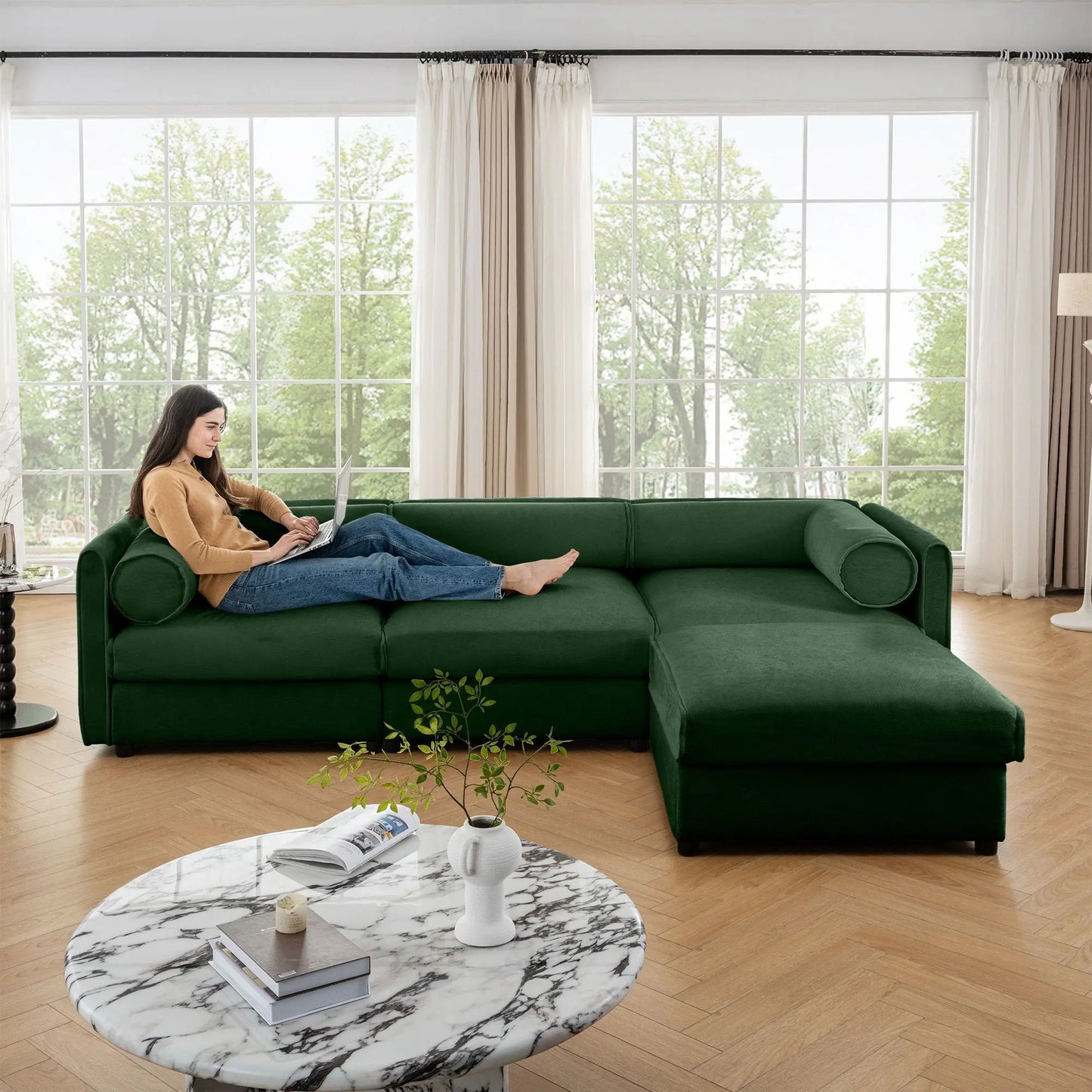 Contemporary Elegant White Chenille Sofa With Storage And Ottoman Home Essentials