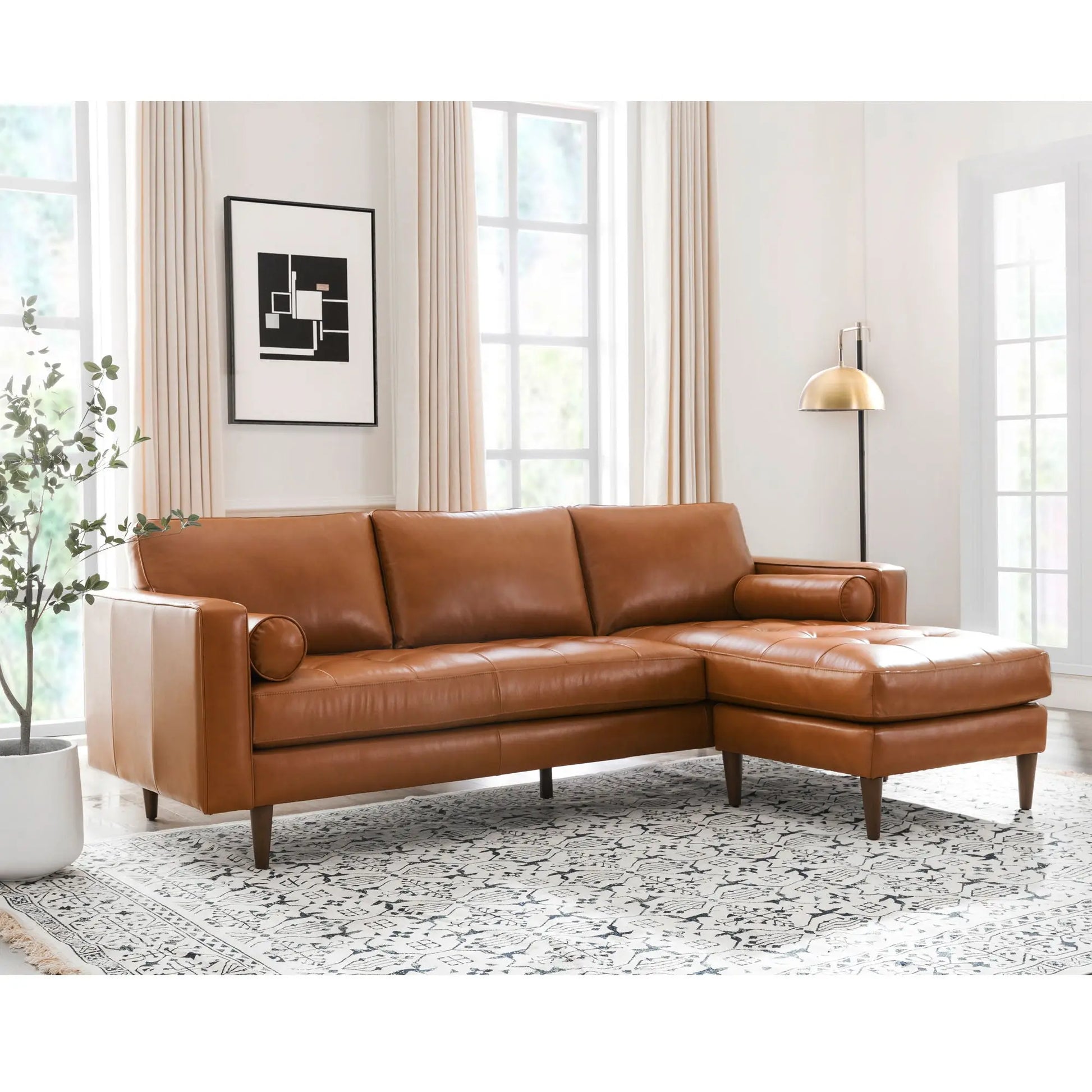 Mid-Century Tufted Leather Sectional With Reversible Chaise Nicelink