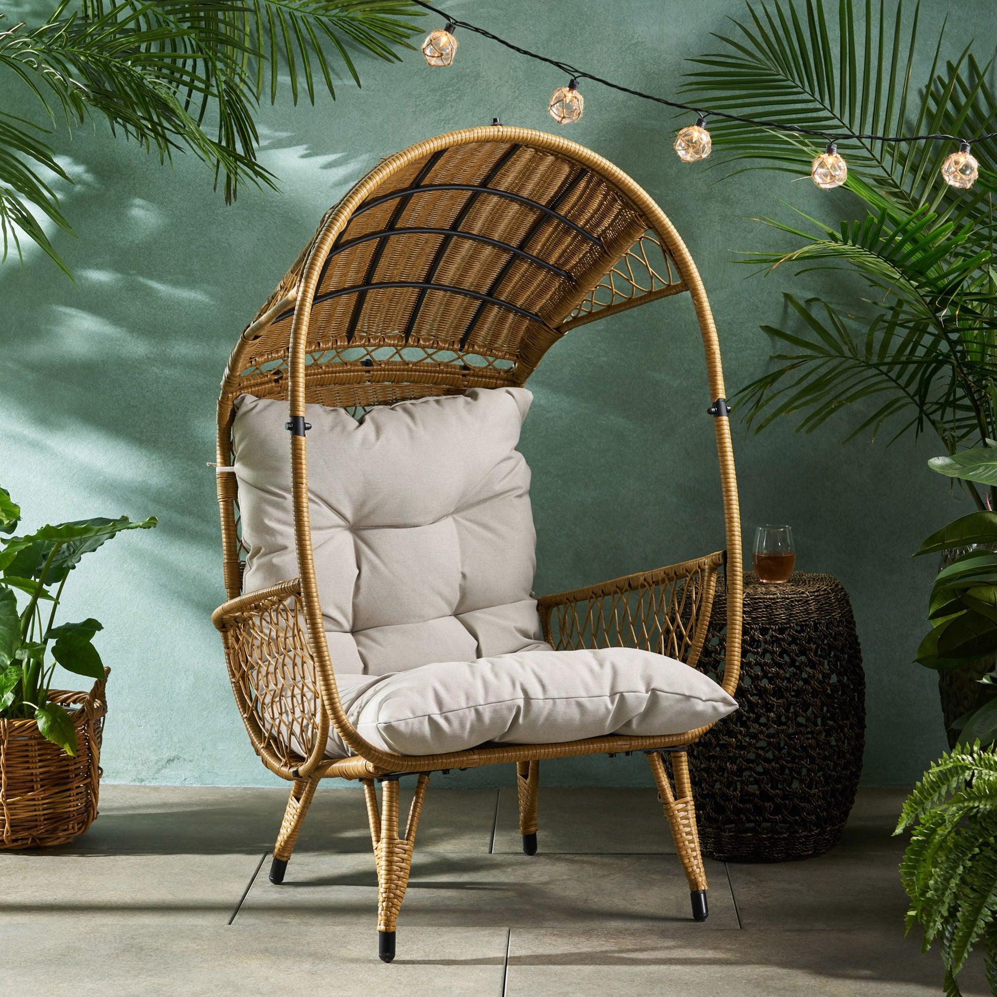 Outdoor Wicker Standing Basket Chair With Cushion Noble House