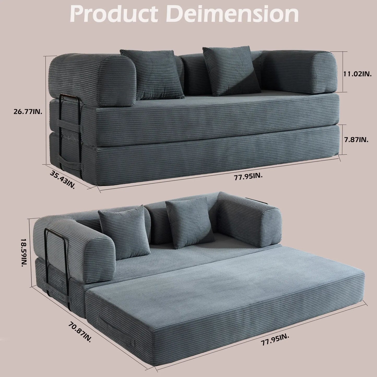 Convertible Sleeper Sofa Bed With Cylindrical Pillow, With Fixed Shape Frame Home Essentials