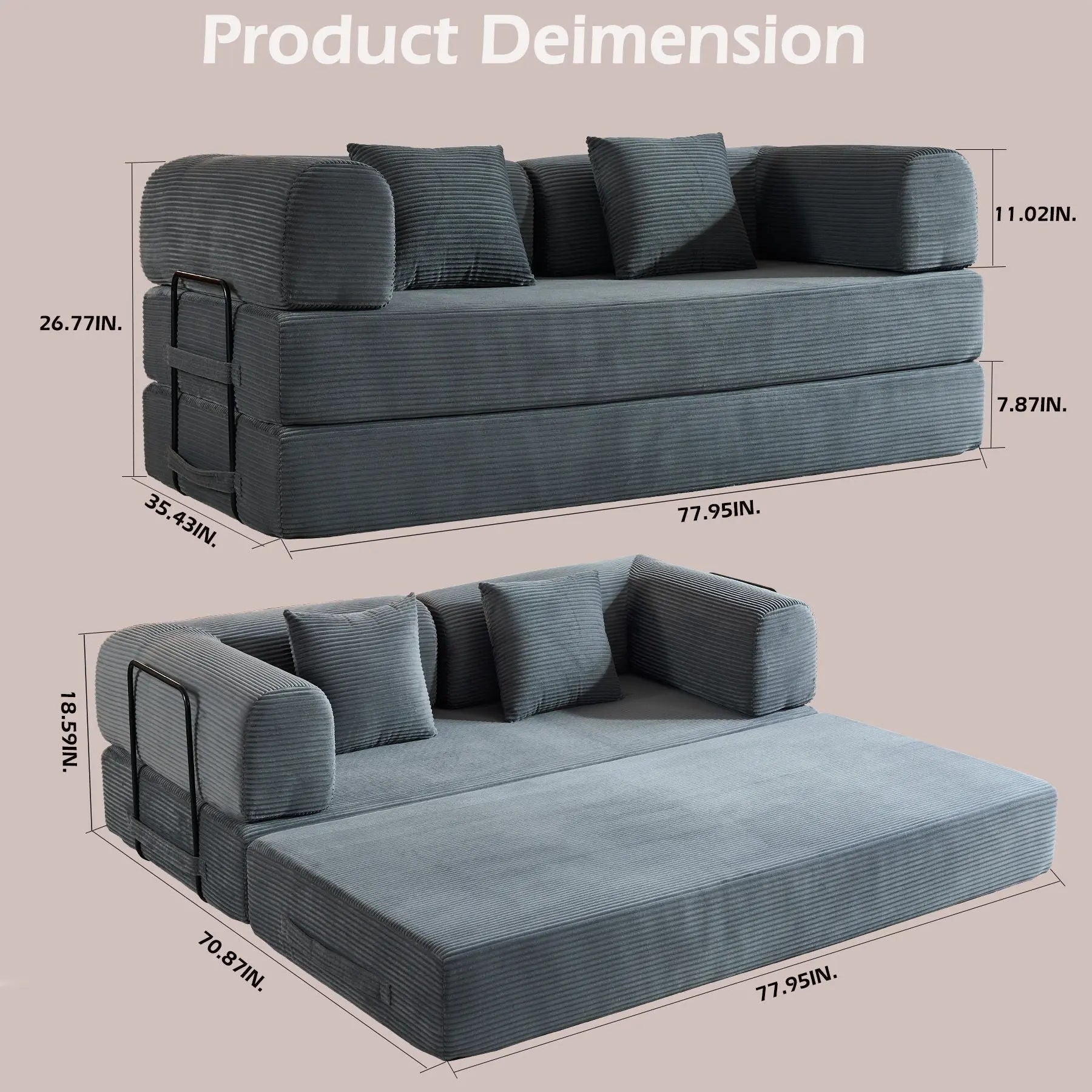 Convertible Sleeper Sofa Bed With Cylindrical Pillow, With Fixed Shape Frame Home Essentials