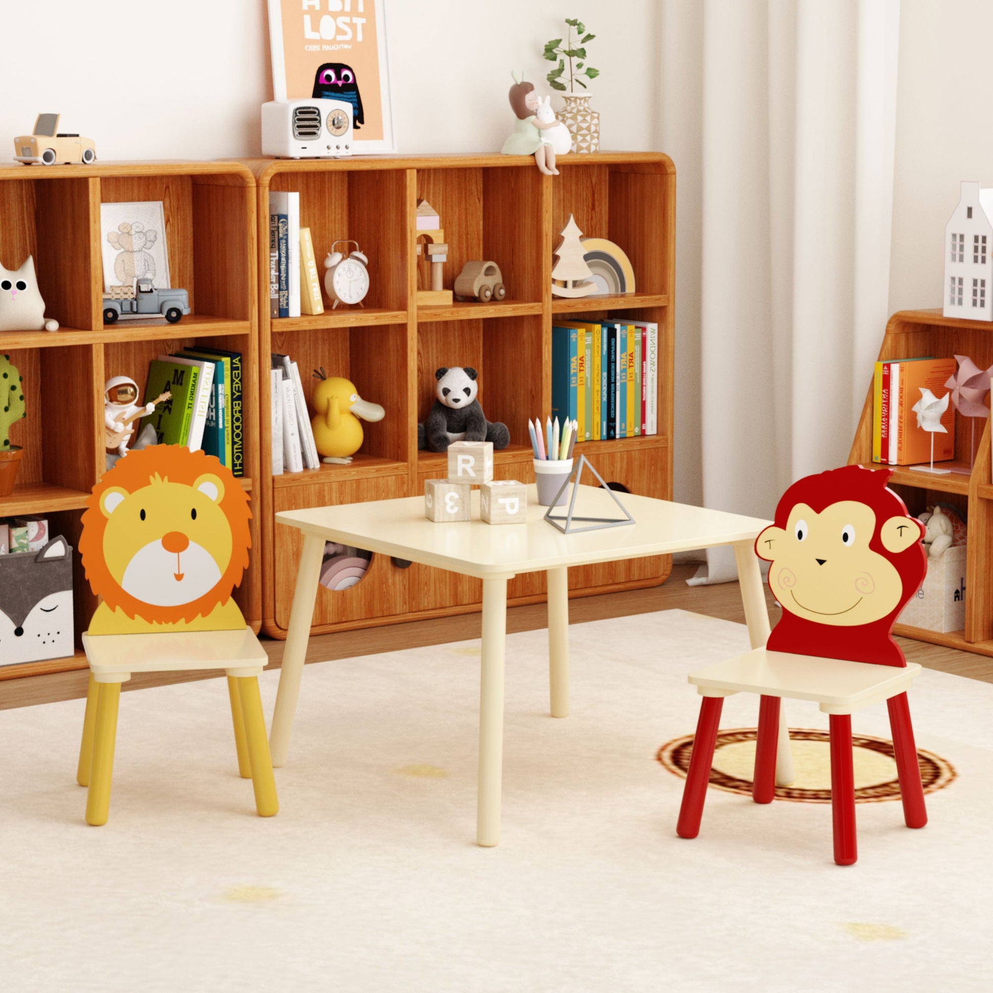 Kids Table And 2 Chairs Set, 3 Pieces Toddler Table And Chair Set, Wooden Activity Play Table Set (Lion&Monkey) - Natural Home Essentials