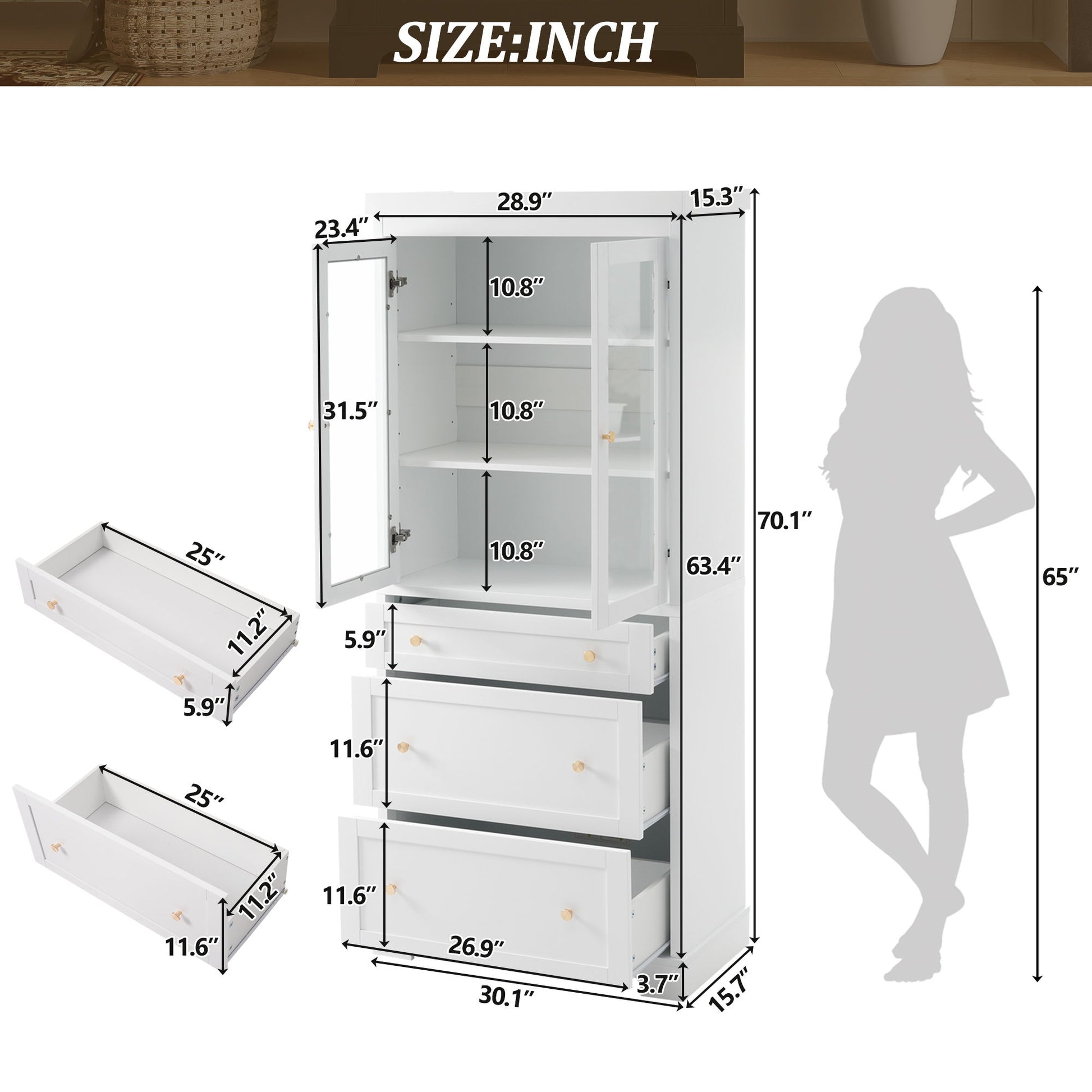 Freestanding Tall Bathroom Cabinet With Adjustable Shelves, Drawers, Soft Close Glass Doors Hearth and Haven
