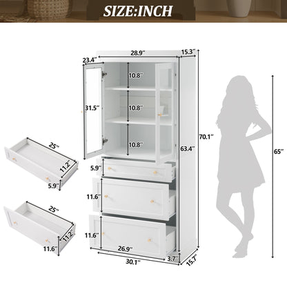 Freestanding Tall Bathroom Cabinet With Adjustable Shelves, Drawers, Soft Close Glass Doors Hearth and Haven