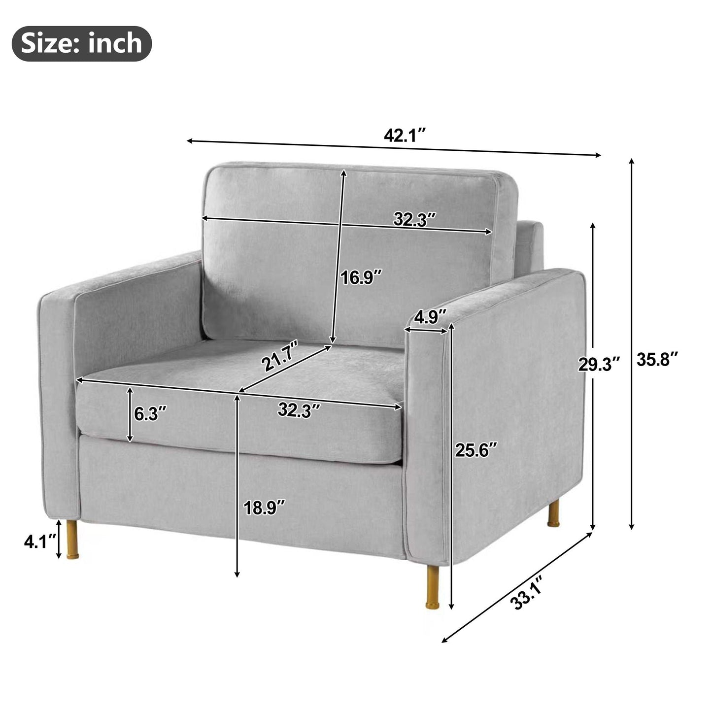 Accent Chair Upholstered Single Sofa With Square Arms, Sewn Pillow Back For Living Room Noble House