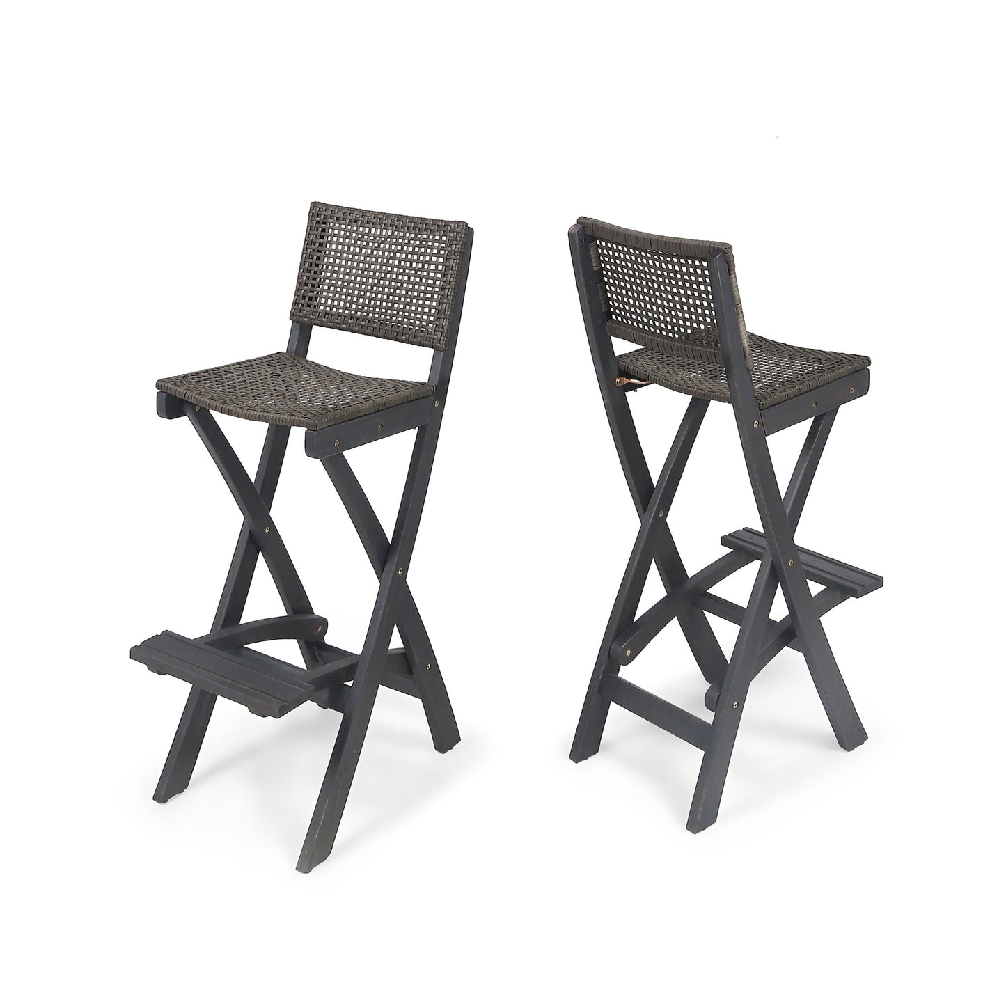 Outdoor Folding Acacia Wood Barstools With Rattan Backrest And Seat Noble House