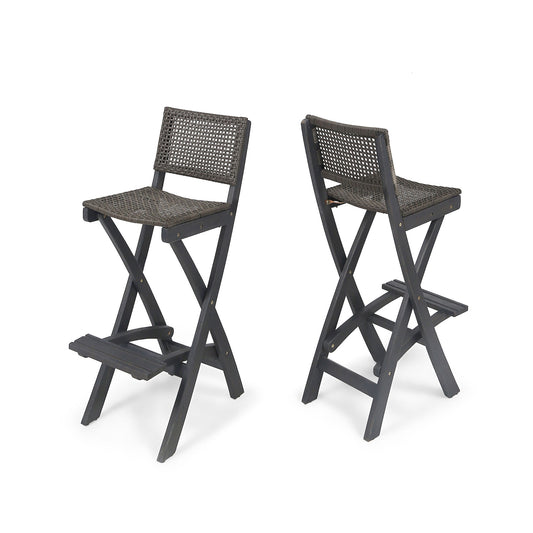 Outdoor Folding Acacia Wood Barstools With Rattan Backrest And Seat Noble House