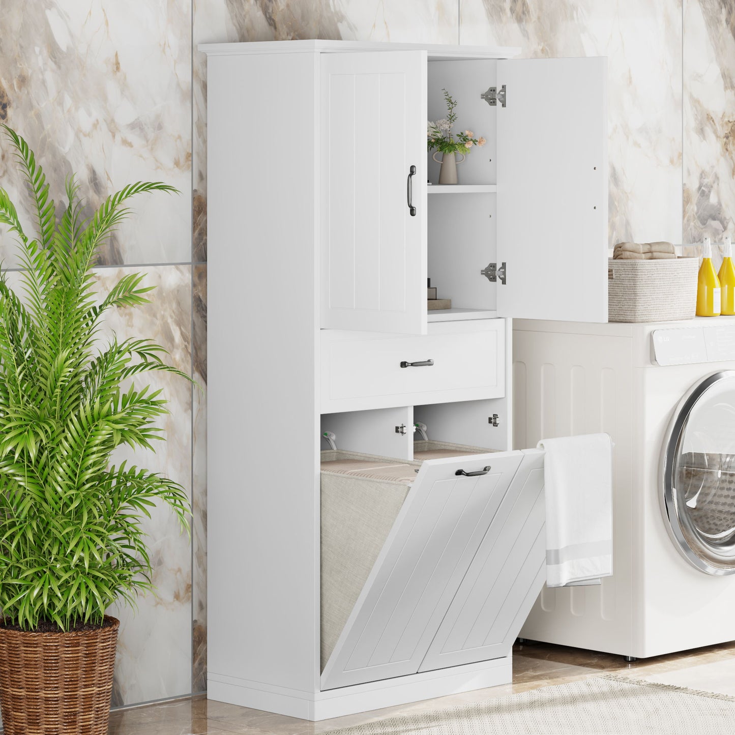 Modern Bathroom Storage Cabinet With Two Laundry Baskets, One Drawer, Adjustable Shelf Noble House