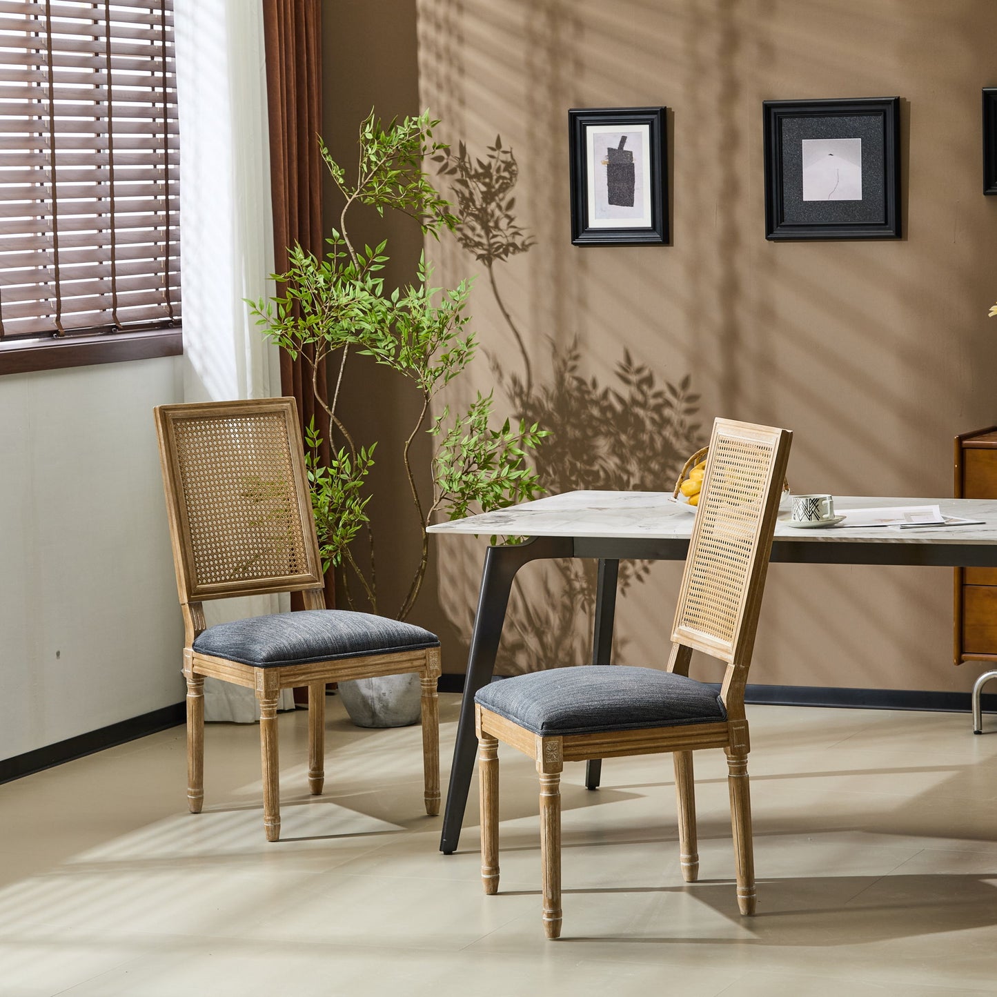 French Country Dining Chair With Rectangular Cane Backrest And Smooth Upholstered Seating Noble House